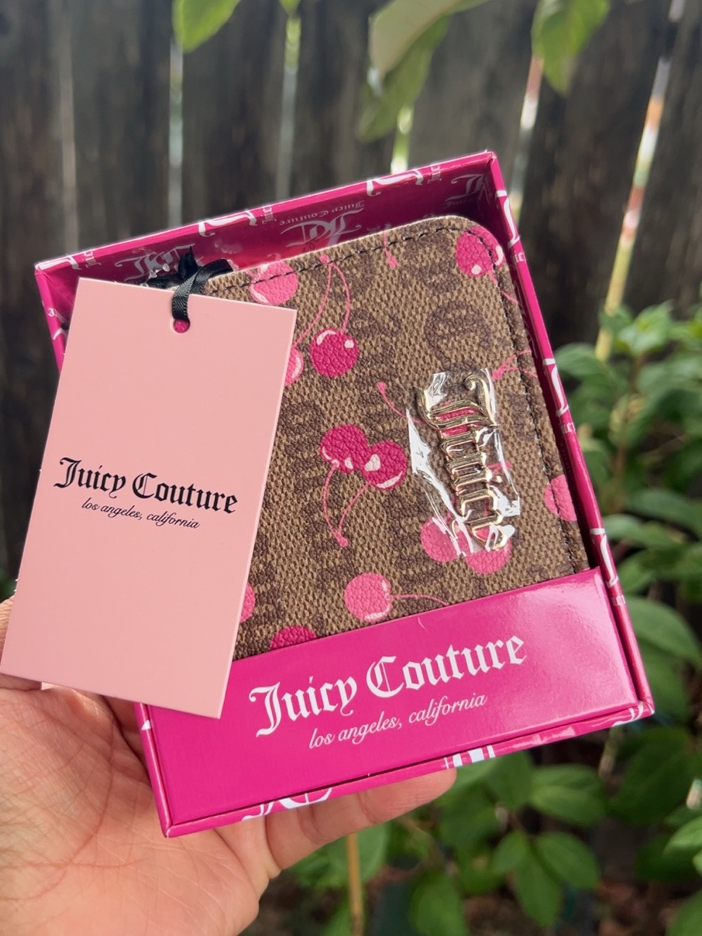 Juicy Couture Chestnut Brown Wallet with Pink Cherry Print